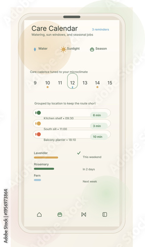 A clean minimalist mobile app interface displays a plant care