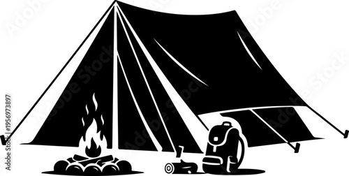 Vector illustration of camping tent, campfire and backpack