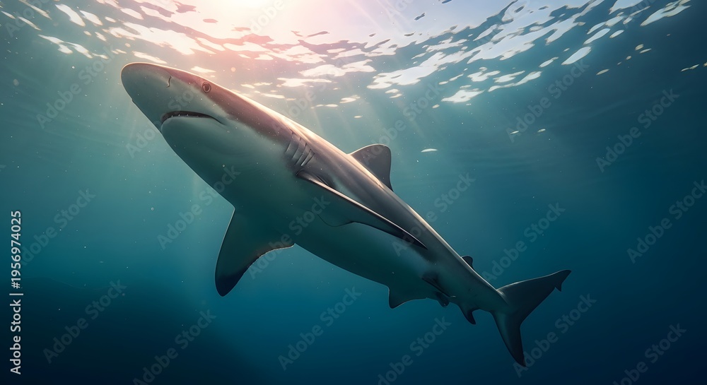 Obraz premium A shark swimming underwater with sunlight filtering through the waves