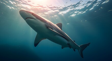 A shark swimming underwater with sunlight filtering through the waves