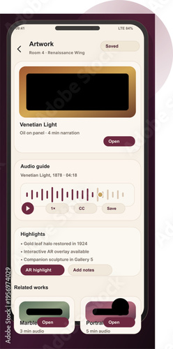 A smartphone screen displays a museum guide app featuring artwork