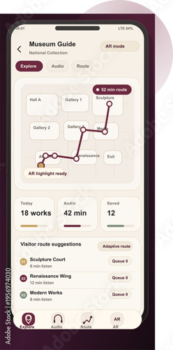 A mobile application interface for a museum guide featuring an