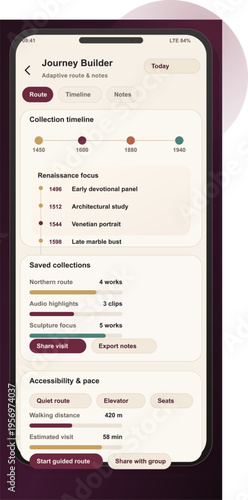 A mobile application interface for a museum journey builder featuring