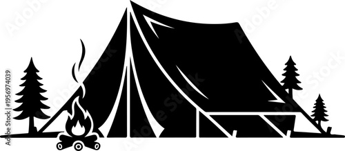 Vector camping tent icon with campfire and trees
