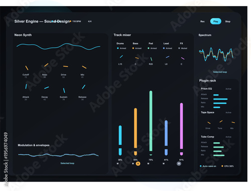 A dark digital user interface for music production software featuring