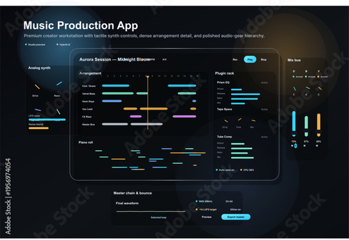 Professional music production software interface displaying a dark