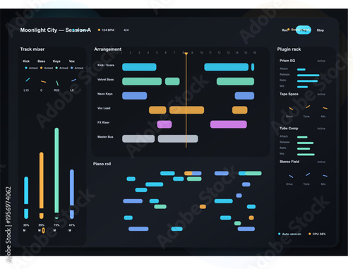 A digital music production software interface featuring a dark mode