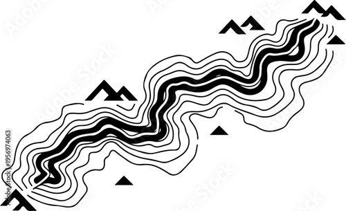 Set of topographic map contours and mountain icons vector