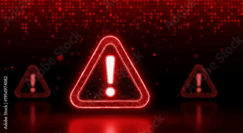 Red warning signs with exclamation marks on a dark background with digital effects, representing danger, alerts, or critical notifications