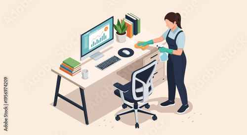 Isometric illustration of a woman cleaning an office desk with a computer, books, and a plant, showing workplace hygiene.