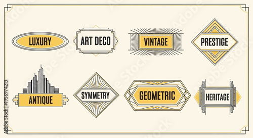 Collection of eight decorative rhombus-shaped frames with vintage and luxury text for graphic design elements and branding