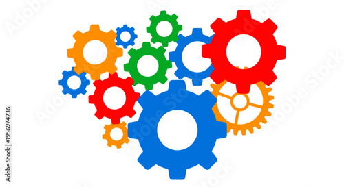 Vibrant arrangement of interconnected gears in diverse colors, symbolizing teamwork, intricate systems, collaboration, and the smooth mechanics of innovation and progress