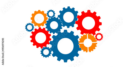 Interlocking gears in various colors, representing mechanics, engineering, and teamwork, on a white background