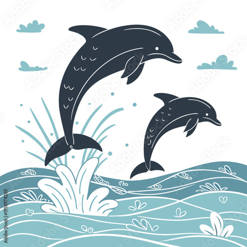 Two joyful dolphins leaping over twilight waves in a silhouette, vector illustration