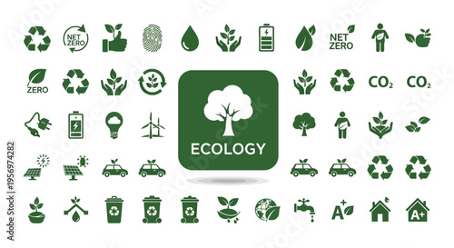 Comprehensive Collection of Ecology and Environmental Sustainability Icons Representing Green Energy, Renewable Resources, and Planet Protection Concepts