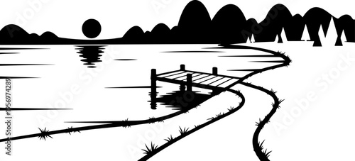 Black silhouette landscape vector with dock and trees