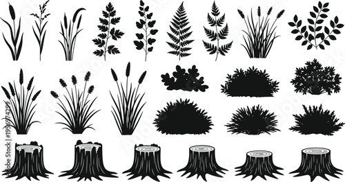 Black silhouette plants grass bushes stumps collection botanical design elements