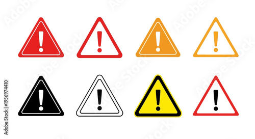 Collection of various colored triangular warning signs with exclamation marks, indicating caution, hazard, and attention required in safety and informational contexts