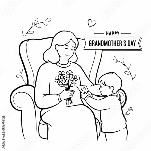 Happy Grandmother's Day vector illustration: grandchild giving flowers and card to grandma on armchair