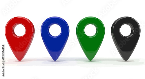Four multicolored location map pin icons isolated on white background. Red, blue, green, and black map markers