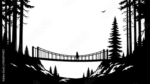 Vector silhouette of suspension bridge in forest with trees and bird