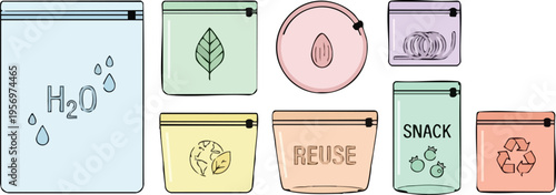 Web Eco-Friendly Reusable Silicone Bag Set for Zero Waste Lifestyle, Flat Vector Illustration on White Background