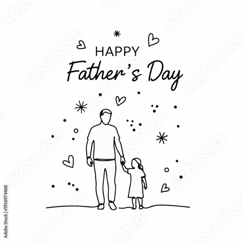 Happy Father's Day black line art vector illustration of father and daughter holding hands