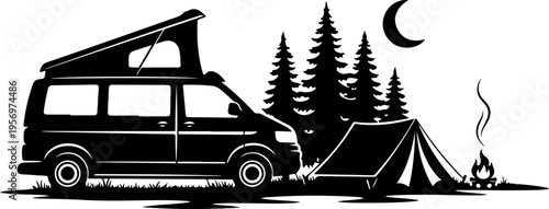 Vector illustration of camper van and tent in forest at night