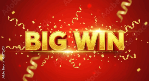 BIG WIN" Golden Text with Falling Confetti and Streamers on a Red Background, Celebrating Success and Victory in a Game or Lottery Event