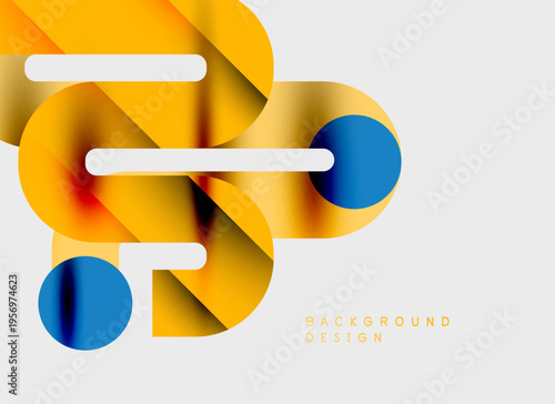Abstract design features vibrant orange, blue shapes. Overlapping elements create dynamic visual effect. Minimalist background enhances modern aesthetic.