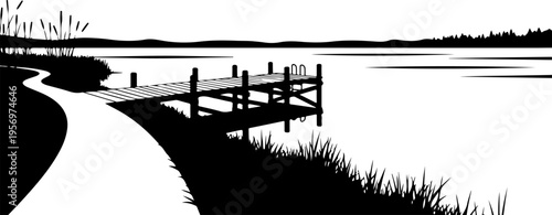 Vector illustration of a dock on a lake, black and white landscape