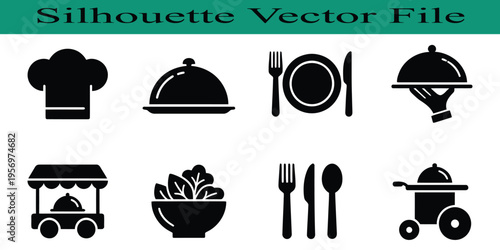 Set of restaurant and food icons in black silhouette on white background