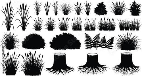 Black silhouette grass bushes shrubs stumps collection botanical design elements