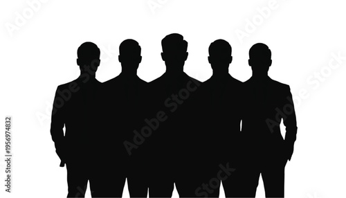 Silhouettes of five professional businessmen stand together against a pure white background representing.
