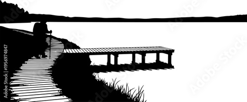 Black silhouette of dock and walkway by water vector