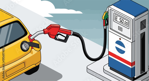 A yellow car is being refueled at a gas station with a red nozzle, showing a display of £50.00 on the pump.