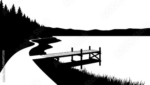Vector silhouette of wooden dock on lake with trees