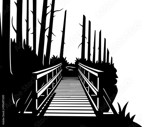 Vector silhouette of wooden bridge in forest