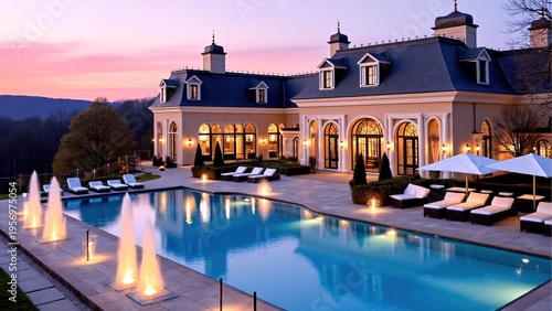 Luxurious Villa with Pool at Sunset Surrounded by Scenic Views