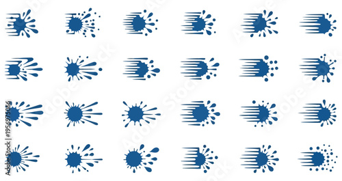 An extensive collection of blue ink splatters, many incorporating dynamic speed lines.