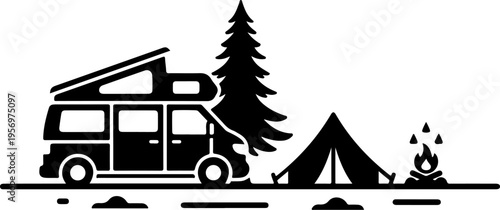 Vector camping scene with camper van and tent