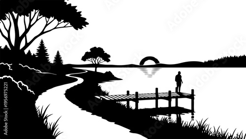 Black silhouette landscape vector with lake, trees and bridge
