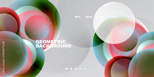 Abstract design features overlapping circles, vibrant colors, gradients. Minimalist text elements present work, about, portfolio, contact. Dark background enhances visual impact.