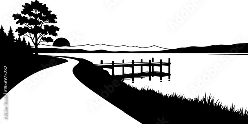 Black silhouette landscape with road, fence and tree vector