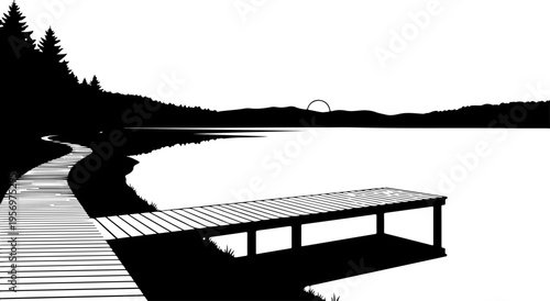 Black and white vector illustration of lake dock