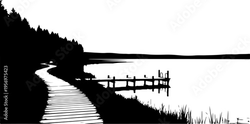 Black and white vector illustration of dock on lake with pathway