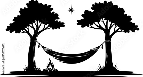 Vector illustration of camping hammock between trees at night