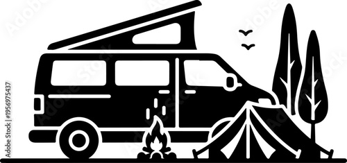 Vector illustration of camper van with tent and campfire