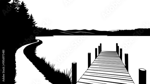 Vector dock and lake landscape silhouette