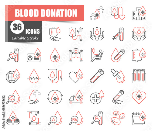 Blood donation thin color line icons set. Charity, transfusion, laboratory test, and medical healthcare linear vector symbols.